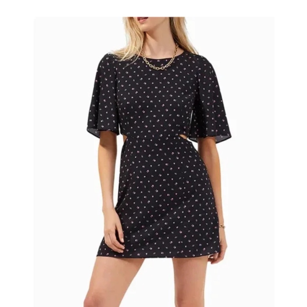 NWT!  French Connection Dress with flutter sleeves and cut sides. Black floral.